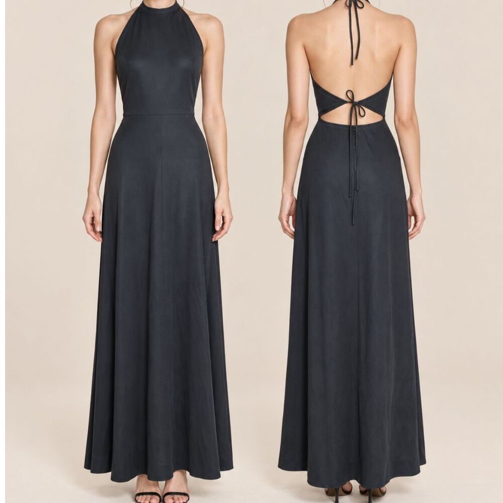 Vintage Black Open Back Halter Maxi Dress Size Small